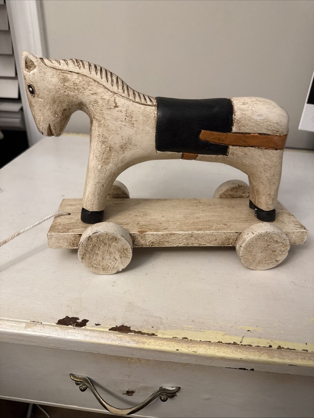 Vintage Handmade Wooden Horse Pull Toy Folk Art Hand Painted Distressed Decor
